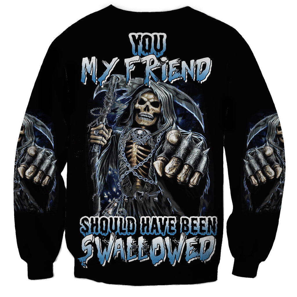 Unisex black sweatshirt with blue skull art and 'Swallowed' slogan
