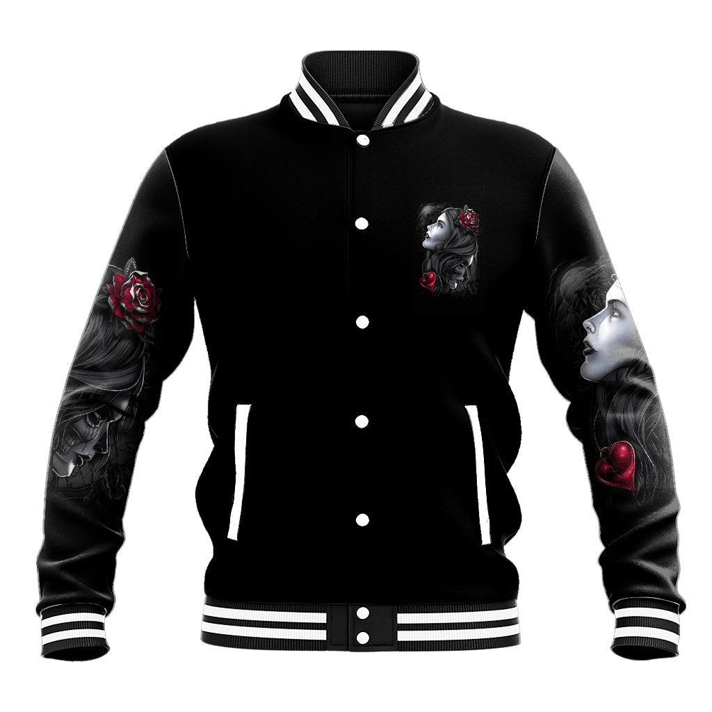 Black baseball jacket with front button-up, rose sleeve patches, striped ribbed cuffs