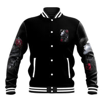 Black baseball jacket with front button-up, rose sleeve patches, striped ribbed cuffs