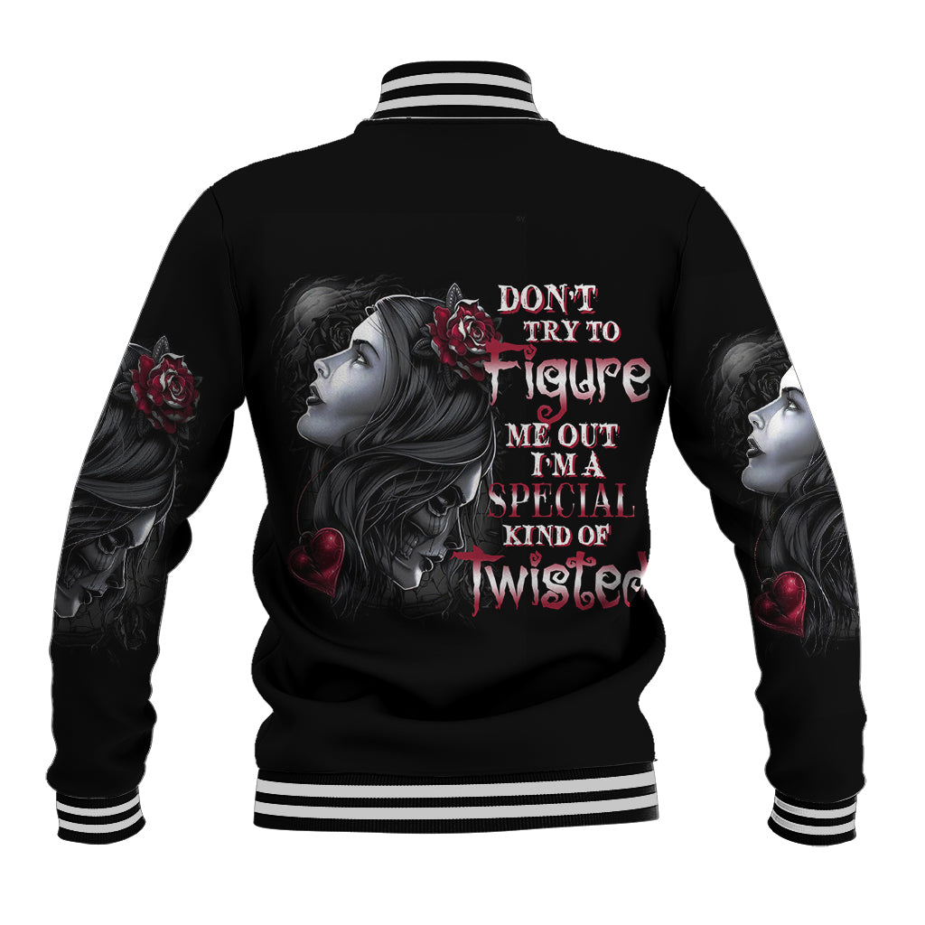 Black baseball jacket with back text graphic, rose accents, striped ribbed collar