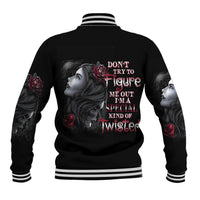 Black baseball jacket with back text graphic, rose accents, striped ribbed collar