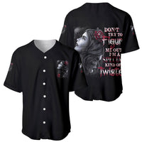 Black baseball jersey set view: front chest graphic and large back typographic print