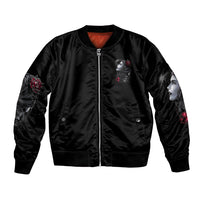 Unisex black bomber jacket with full-zip front, rose patches and portrait print