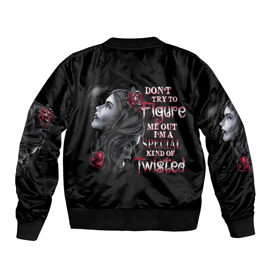 Unisex black bomber jacket with large back graphic text and portrait illustrations
