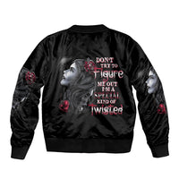 Unisex black bomber jacket with large back graphic text and portrait illustrations