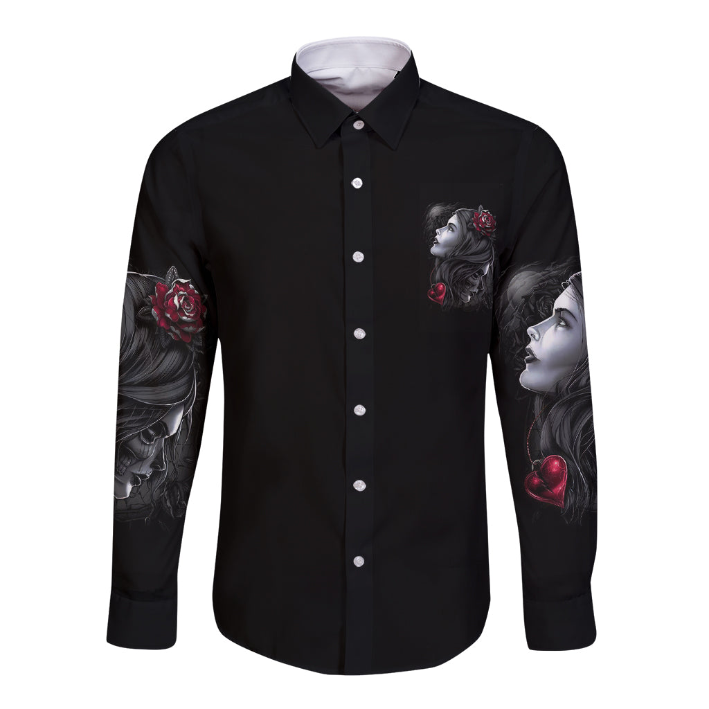 Black long-sleeve button shirt with front button placket and portrait with roses