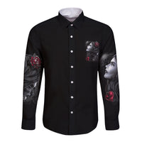 Black long-sleeve button shirt with front button placket and portrait with roses