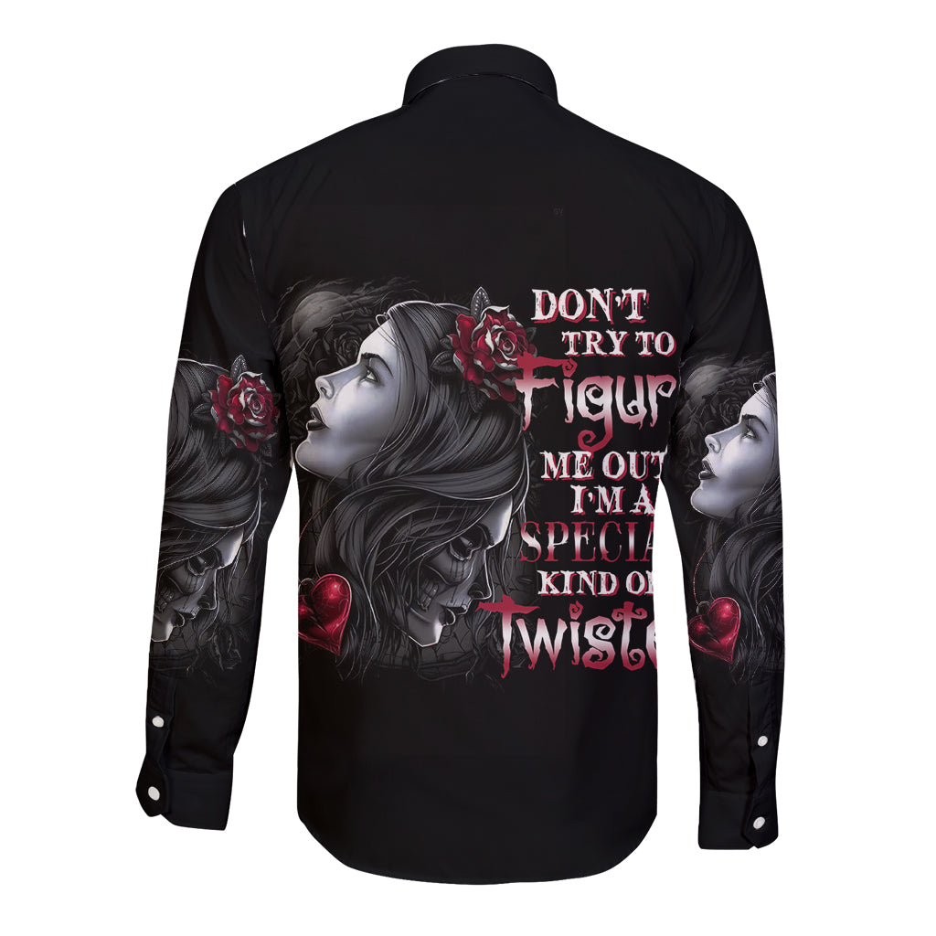 Black long-sleeve button shirt with back portrait, roses, and red lettering graphic