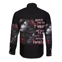 Black long-sleeve button shirt with back portrait, roses, and red lettering graphic