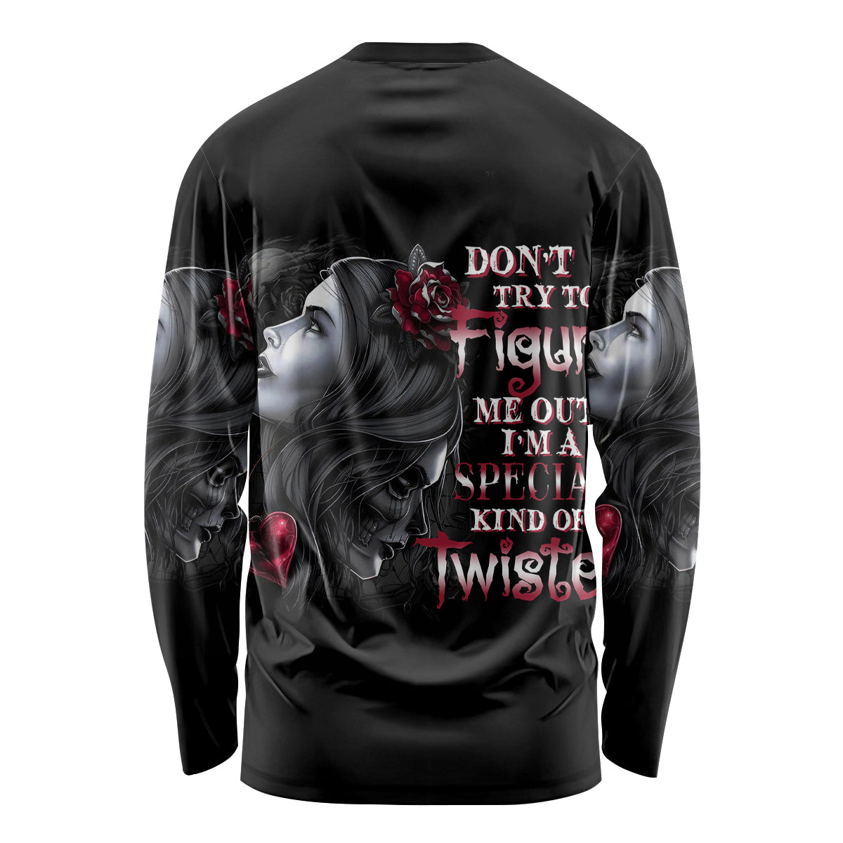 Black long sleeve unisex T-shirt with back graphic of woman, roses, and quote text