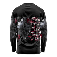 Black long sleeve unisex T-shirt with back graphic of woman, roses, and quote text