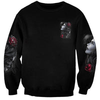 Unisex black sweatshirt with side sleeve portrait and red rose accents, minimal front