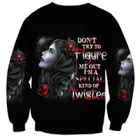 Unisex black sweatshirt with gothic woman graphic and red rose text print