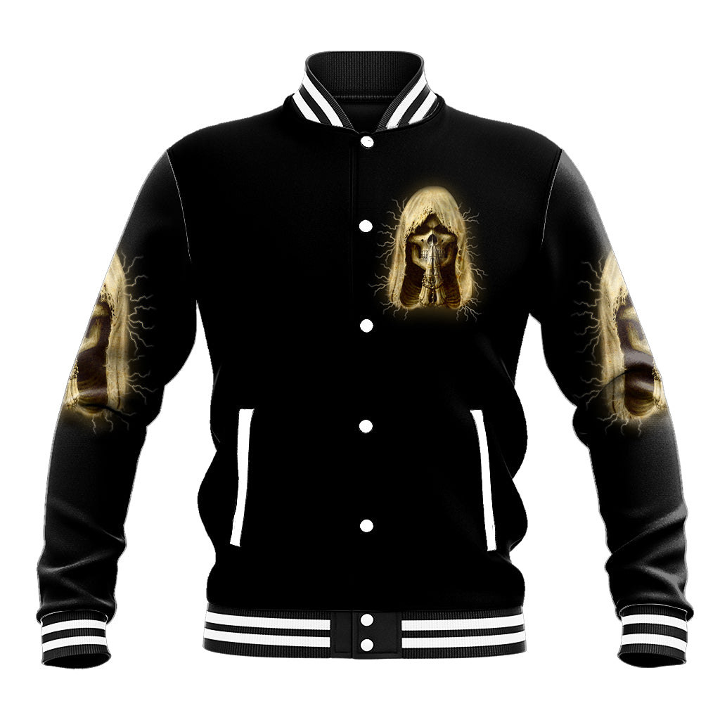 Black varsity baseball jacket with front skull graphic, snap button, striped collar and cuffs