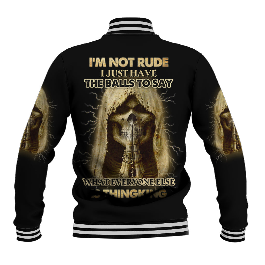 Black baseball jacket with back graphic skull, bold text, striped rib collar and cuffs