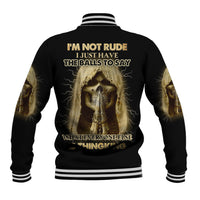 Black baseball jacket with back graphic skull, bold text, striped rib collar and cuffs