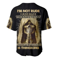 Black baseball jersey back with gold skull graphic and bold text print, short sleeves