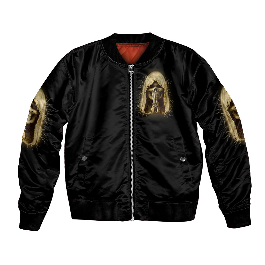 Unisex black bomber jacket with front zipper and gold skeleton head patch