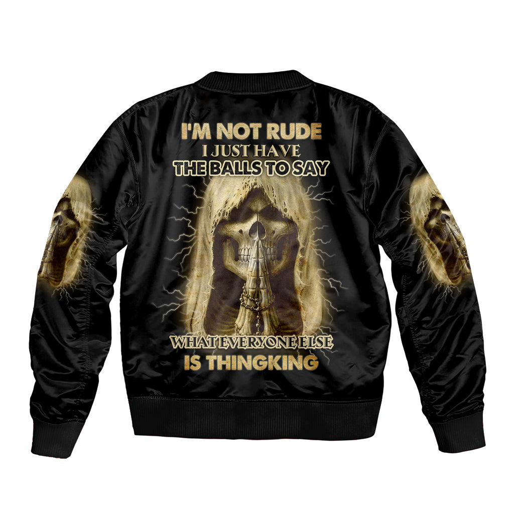 Unisex black bomber jacket with gold back graphic of skeleton and quote text