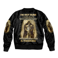 Unisex black bomber jacket with gold back graphic of skeleton and quote text