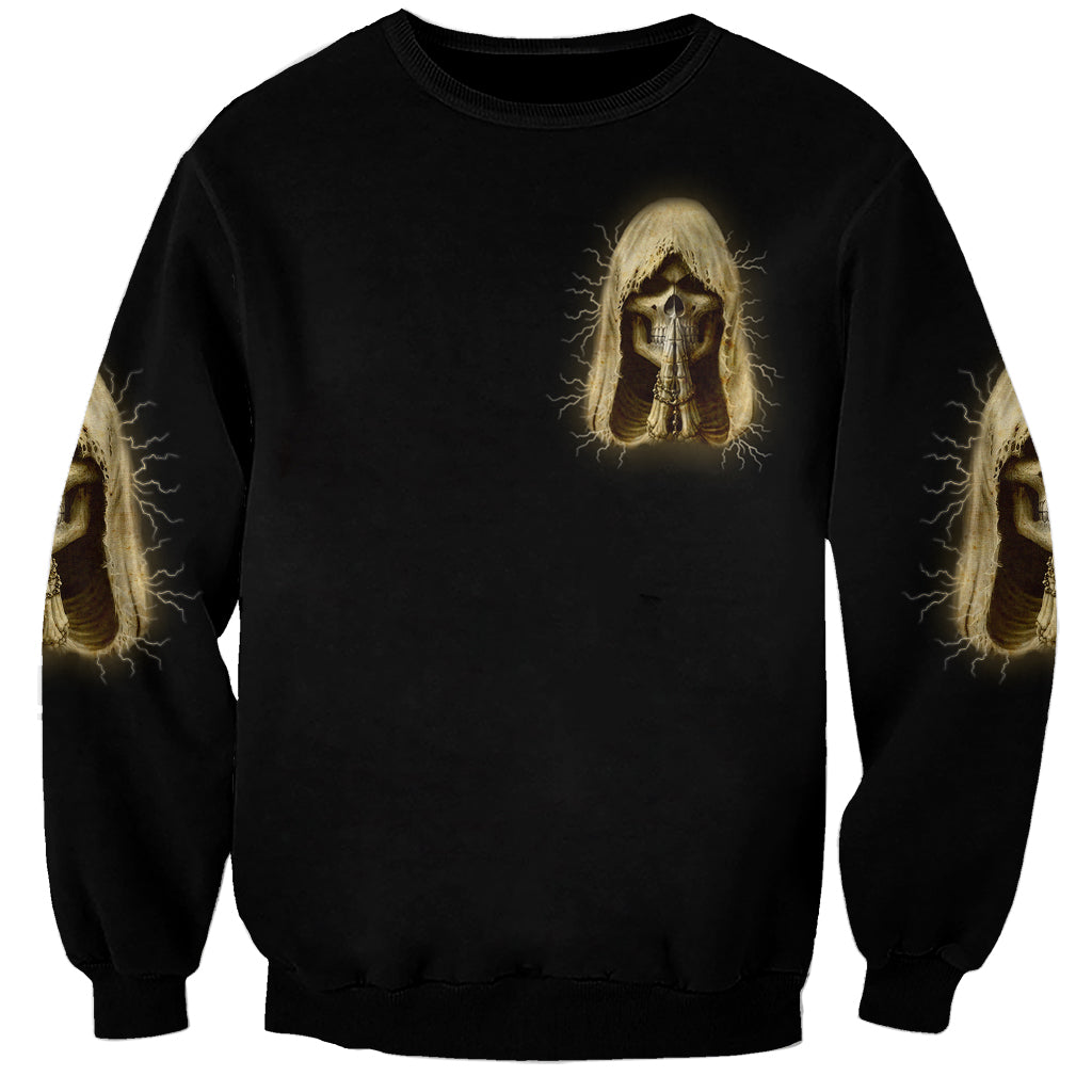 Black unisex sweatshirt with central hooded skull graphic and lightning accents