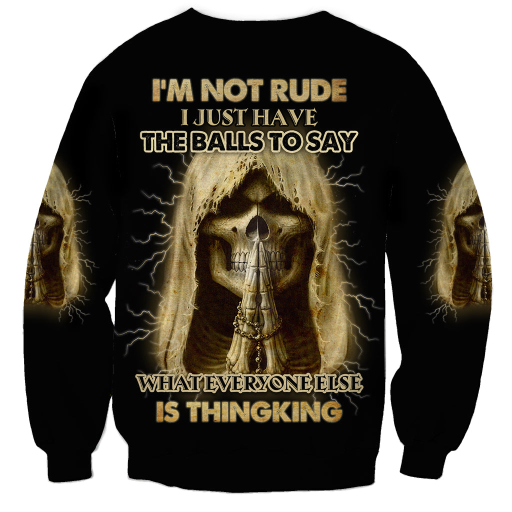 Black unisex sweatshirt with gold text and skull graphic, lightning sleeves