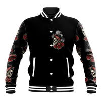 Black baseball jacket with button front and striped ribbing; front skull-rose patch.