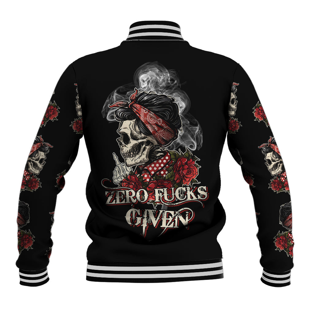 Black baseball jacket with ribbed striped collar; back skull-rose graphic, 'ZERO FUCKS GIVEN'.