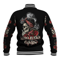 Black baseball jacket with ribbed striped collar; back skull-rose graphic, 'ZERO FUCKS GIVEN'.