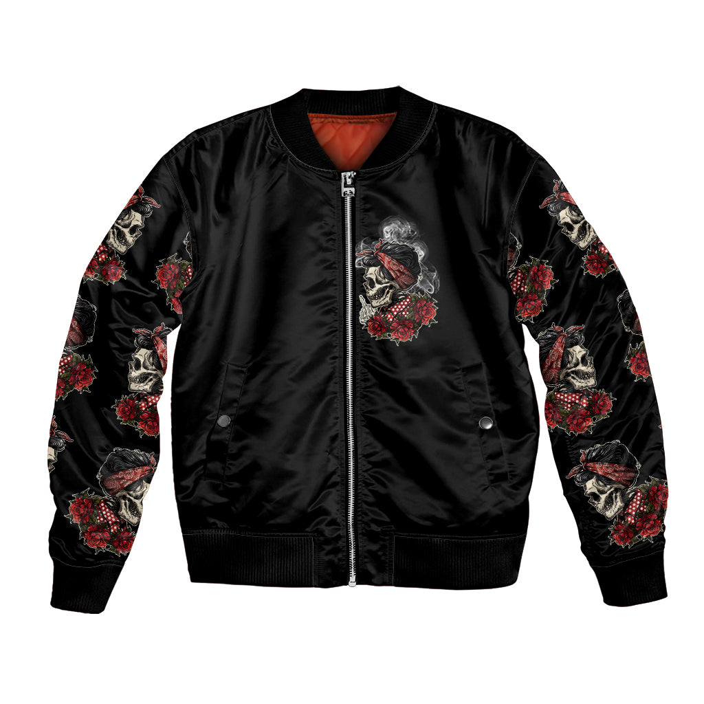 Black satin bomber jacket with front zipper, skull rose chest graphic and floral sleeve print