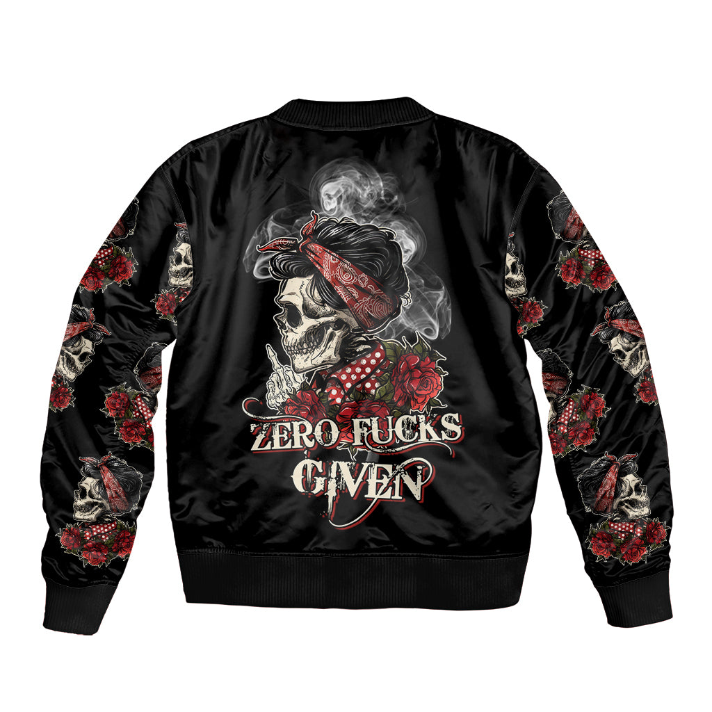 Black bomber jacket with ribbed collar, skull rose back graphic and 'Zero Fucks Given'