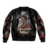 Black bomber jacket with ribbed collar, skull rose back graphic and 'Zero Fucks Given'