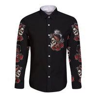 Black long-sleeve button shirt with front skull, roses, and bandana print
