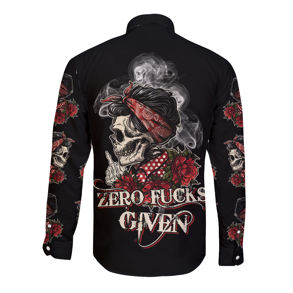Black long-sleeve button shirt with back graphic skull, roses, and bandana