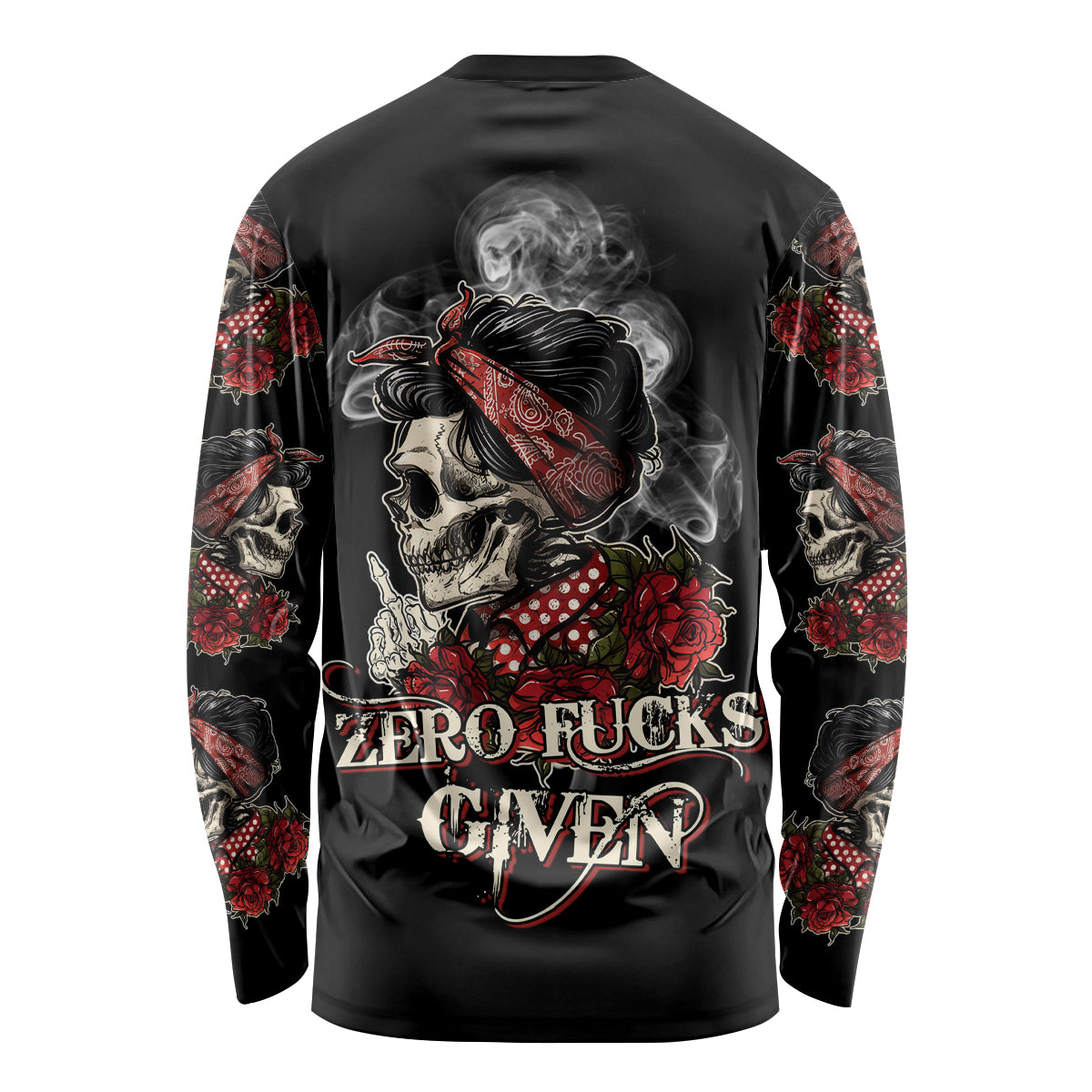 Black long-sleeve shirt with skull graphic and 'ZERO FUCKS GIVEN' front text