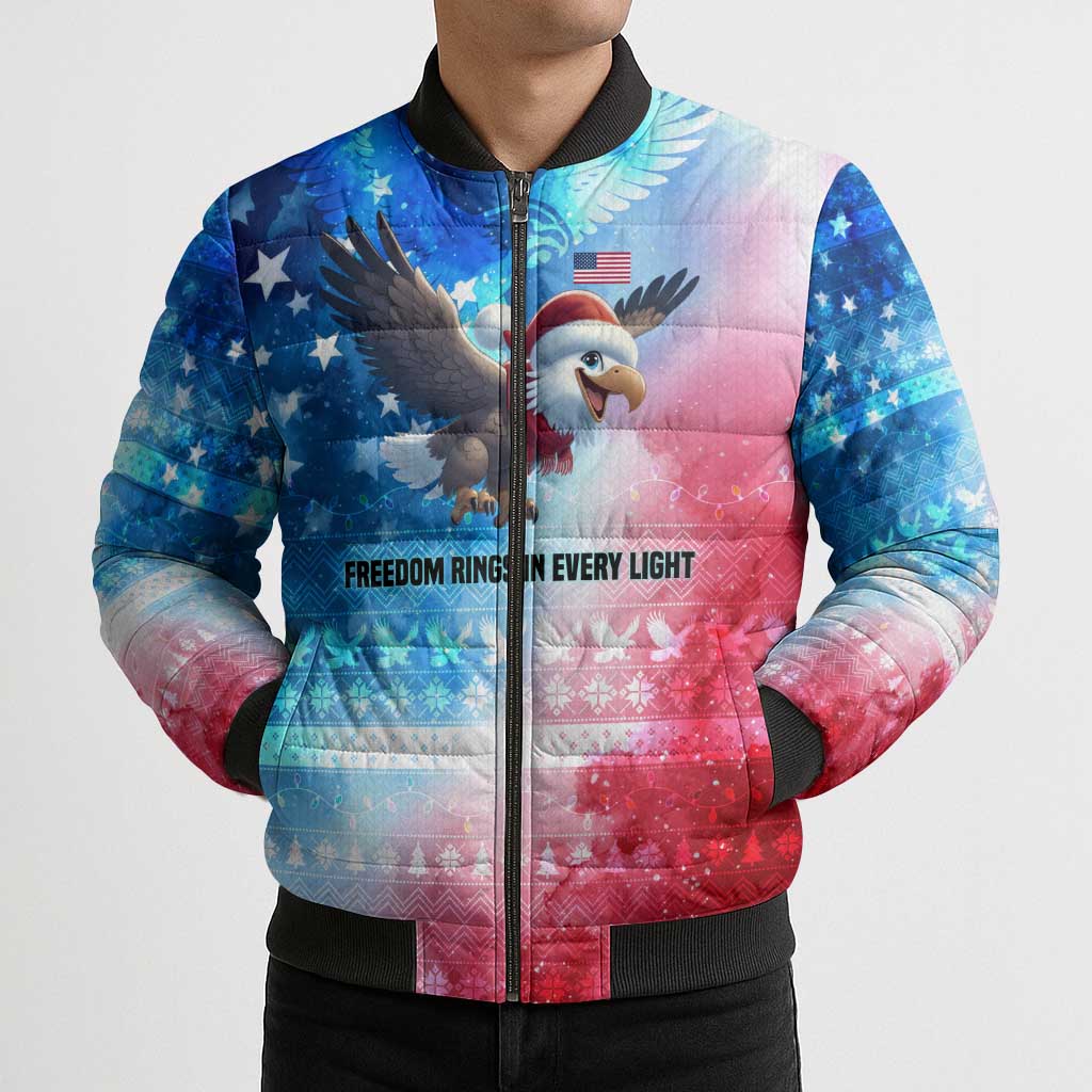 USA Christmas Bomber Puffer Jacket with Santa Eagle Red White Blue Snowflake Pattern and American Flag - Wonder Print Shop