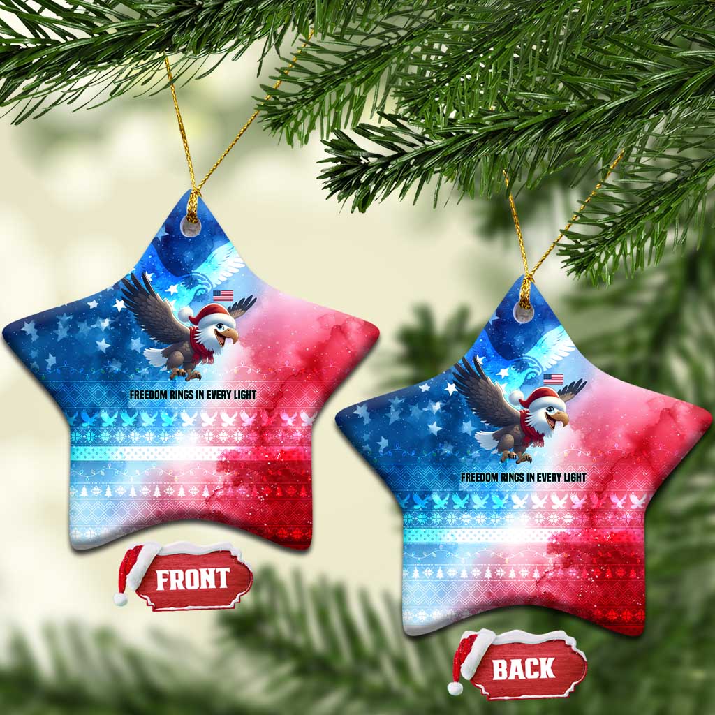 USA Christmas Ceramic Ornament with Santa Eagle Red White Blue Snowflake Pattern and American Flag - Wonder Print Shop