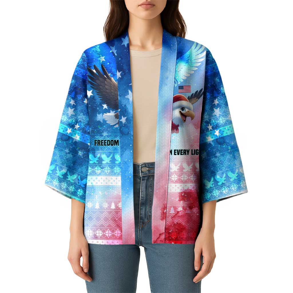 USA Christmas Kimono with Santa Eagle Red White Blue Snowflake Pattern and American Flag - Wonder Print Shop