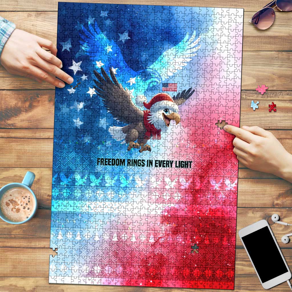 USA Christmas Puzzle with Santa Eagle Red White Blue Snowflake Pattern and American Flag - Wonder Print Shop