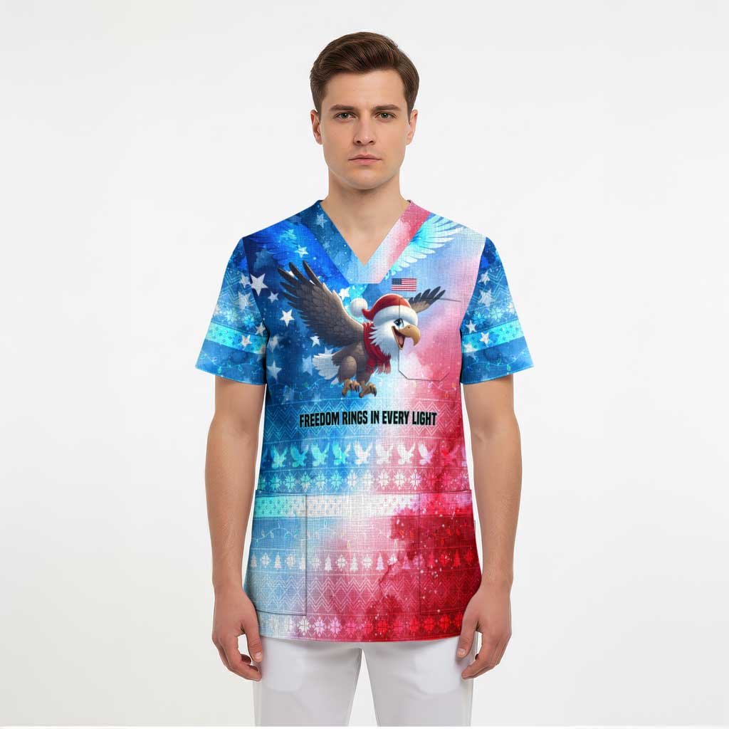 USA Christmas Scrub Top with Santa Eagle Red White Blue Snowflake Pattern and American Flag - Wonder Print Shop
