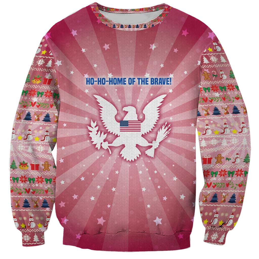 USA Christmas Sweatshirt with Bald Eagle Seal Pink Starburst Pattern and Festive Holiday Icons - Wonder Print Shop