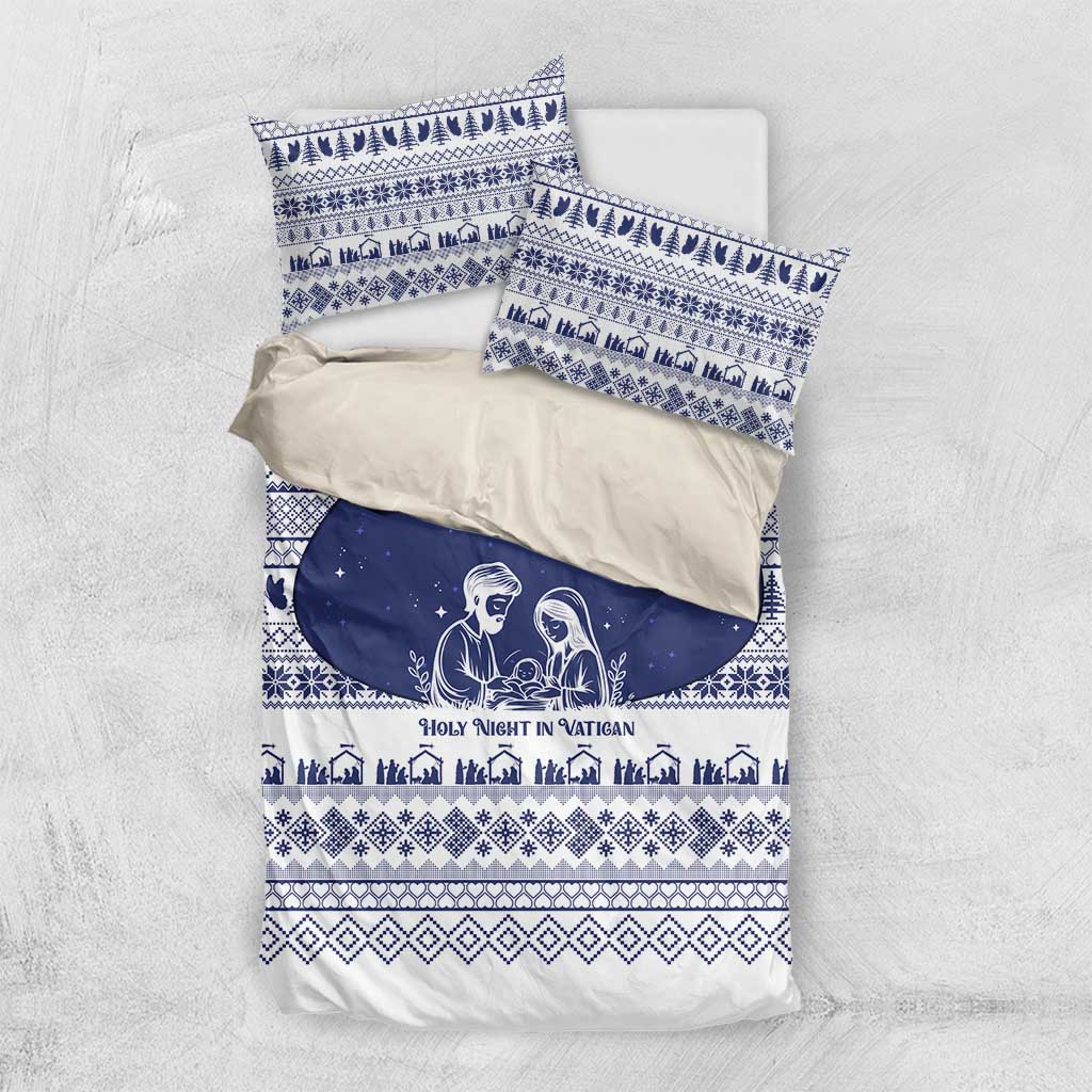 Vatican Christmas Bedding Set with Holy Family Nativity Scene Snowflake Pattern and Starry Night - Wonder Print Shop