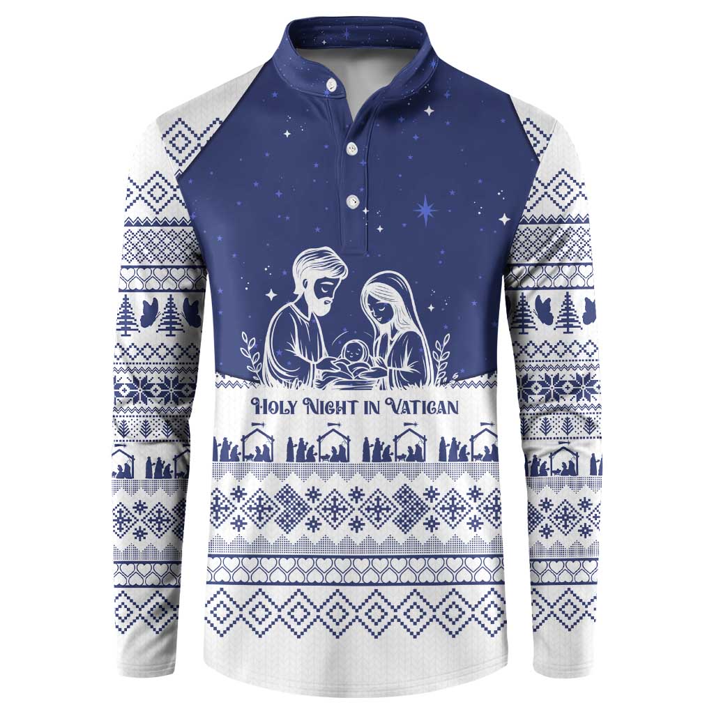 Vatican Christmas Button Sweatshirt with Holy Family Nativity Scene Snowflake Pattern and Starry Night - Wonder Print Shop