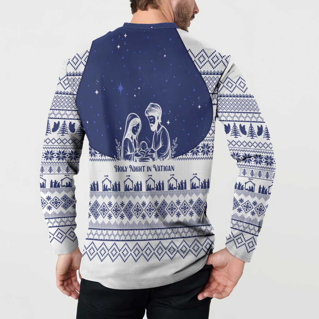 Vatican Christmas Button Sweatshirt with Holy Family Nativity Scene Snowflake Pattern and Starry Night - Wonder Print Shop