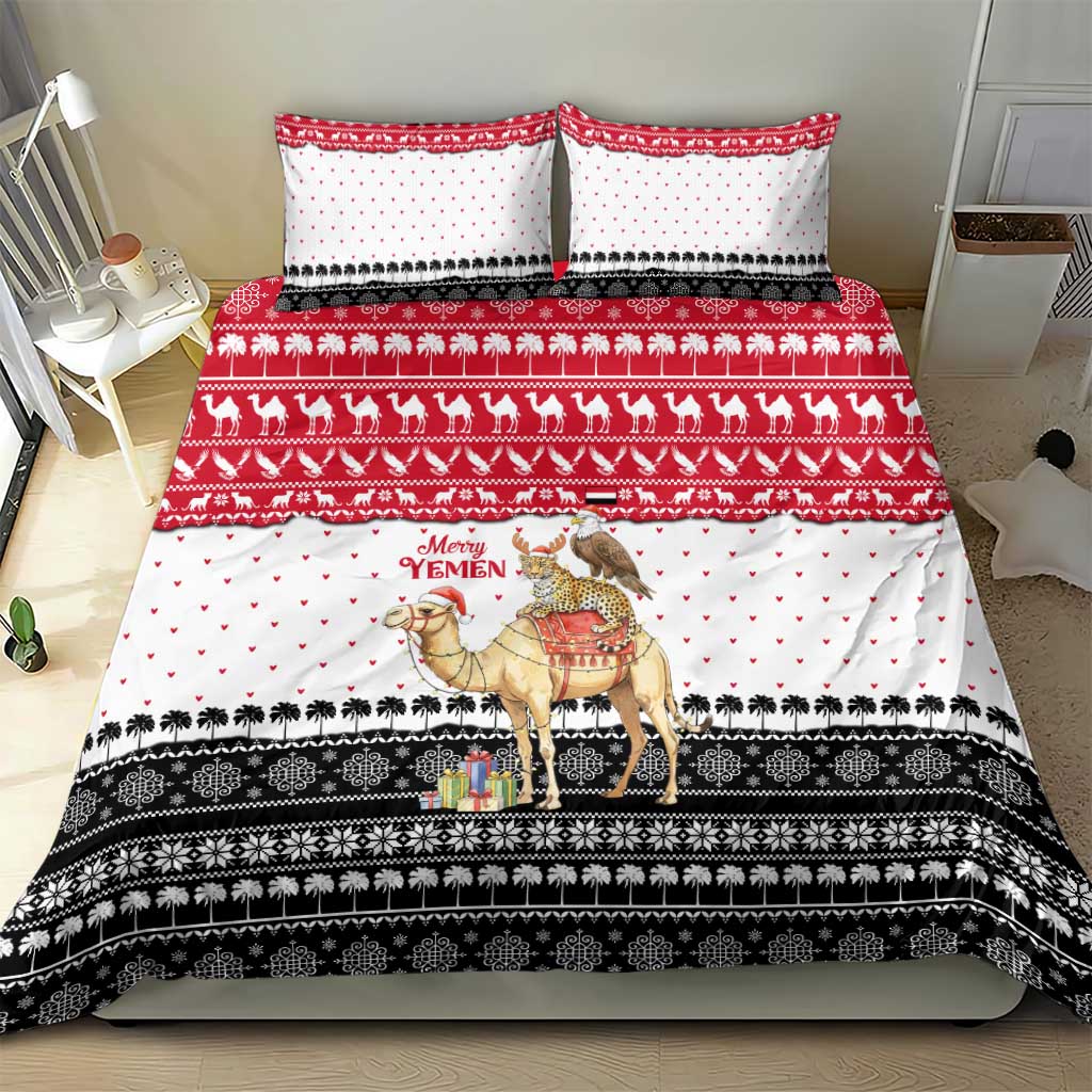 Yemen Christmas Bedding Set with Camel Leopard Falcon Red Black White Snowflake - Wonder Print Shop