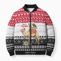 Yemen Christmas Bomber Puffer Jacket with Camel Leopard Falcon Red Black White Snowflake - Wonder Print Shop