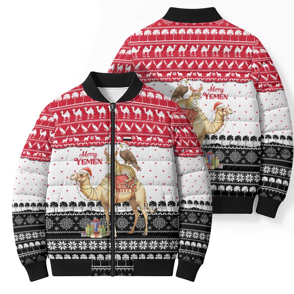 Yemen Christmas Bomber Puffer Jacket with Camel Leopard Falcon Red Black White Snowflake - Wonder Print Shop