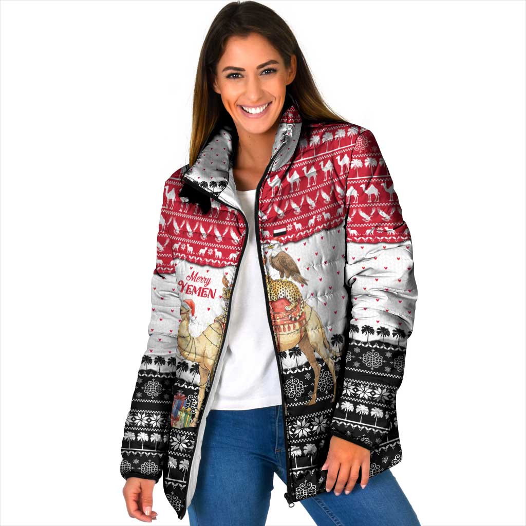Yemen Christmas Padded Jacket with Camel Leopard Falcon Red Black White Snowflake - Wonder Print Shop