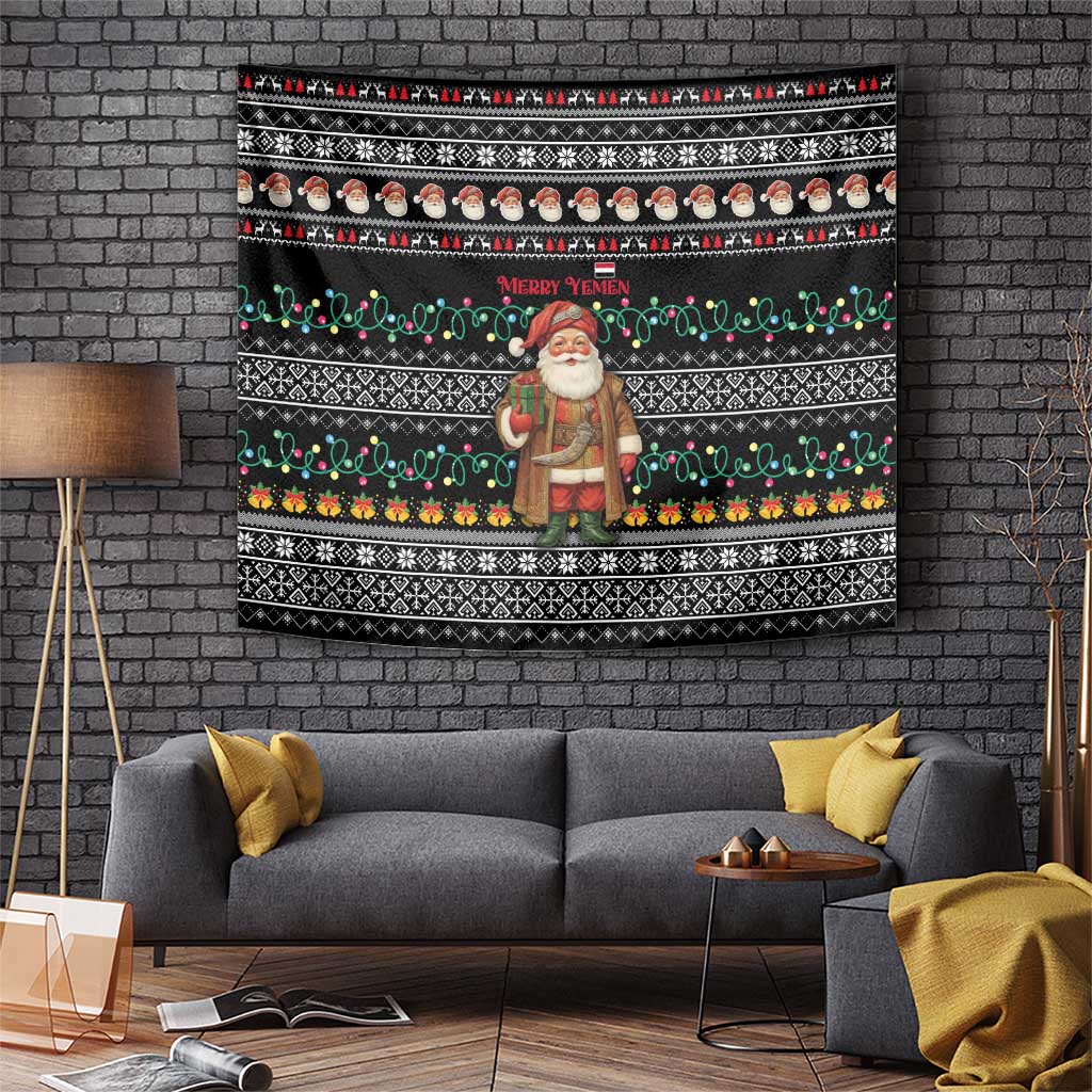 Yemen Christmas Tapestry with Traditional Santa Black Snowflake Pattern and Festive Lights - Wonder Print Shop