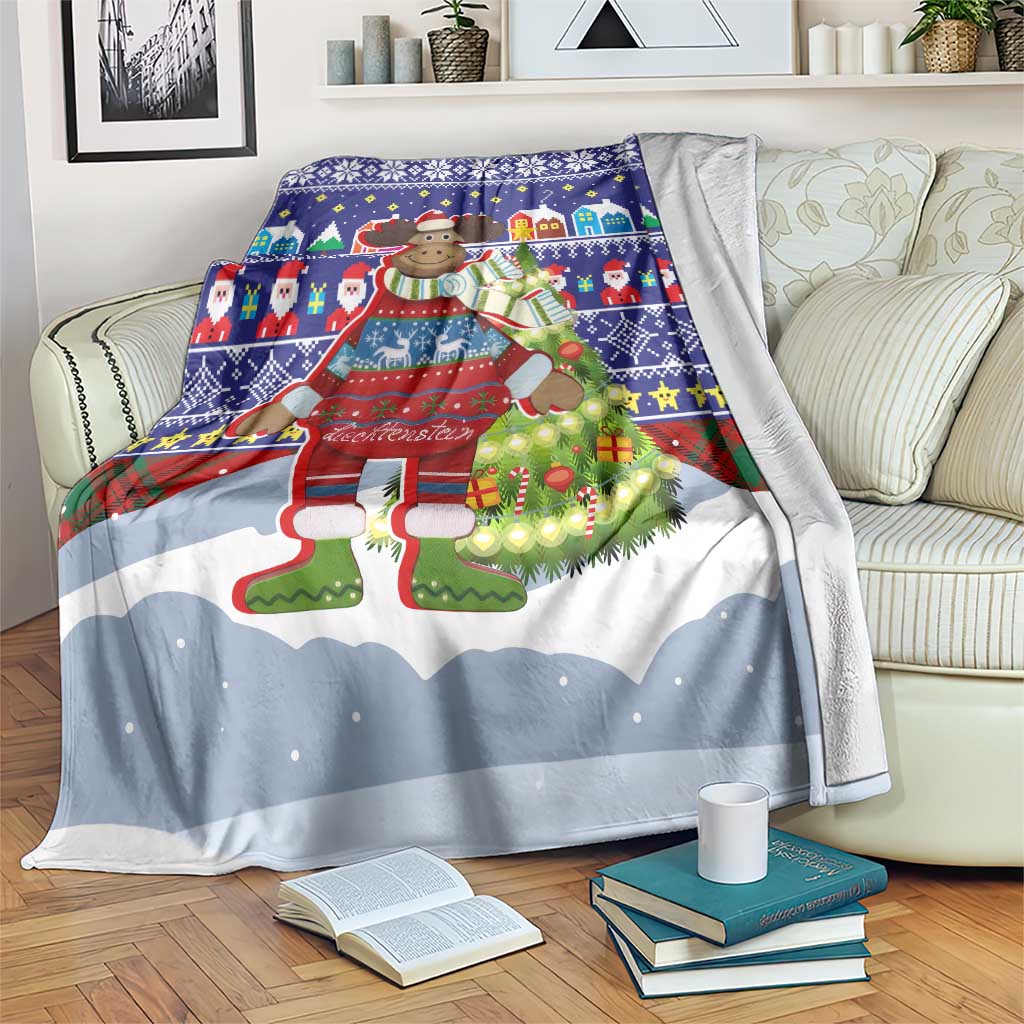 Liechtenstein Christmas Blanket with Reindeer Character Holiday Village and Plaid Sleeves - Wonder Print Shop